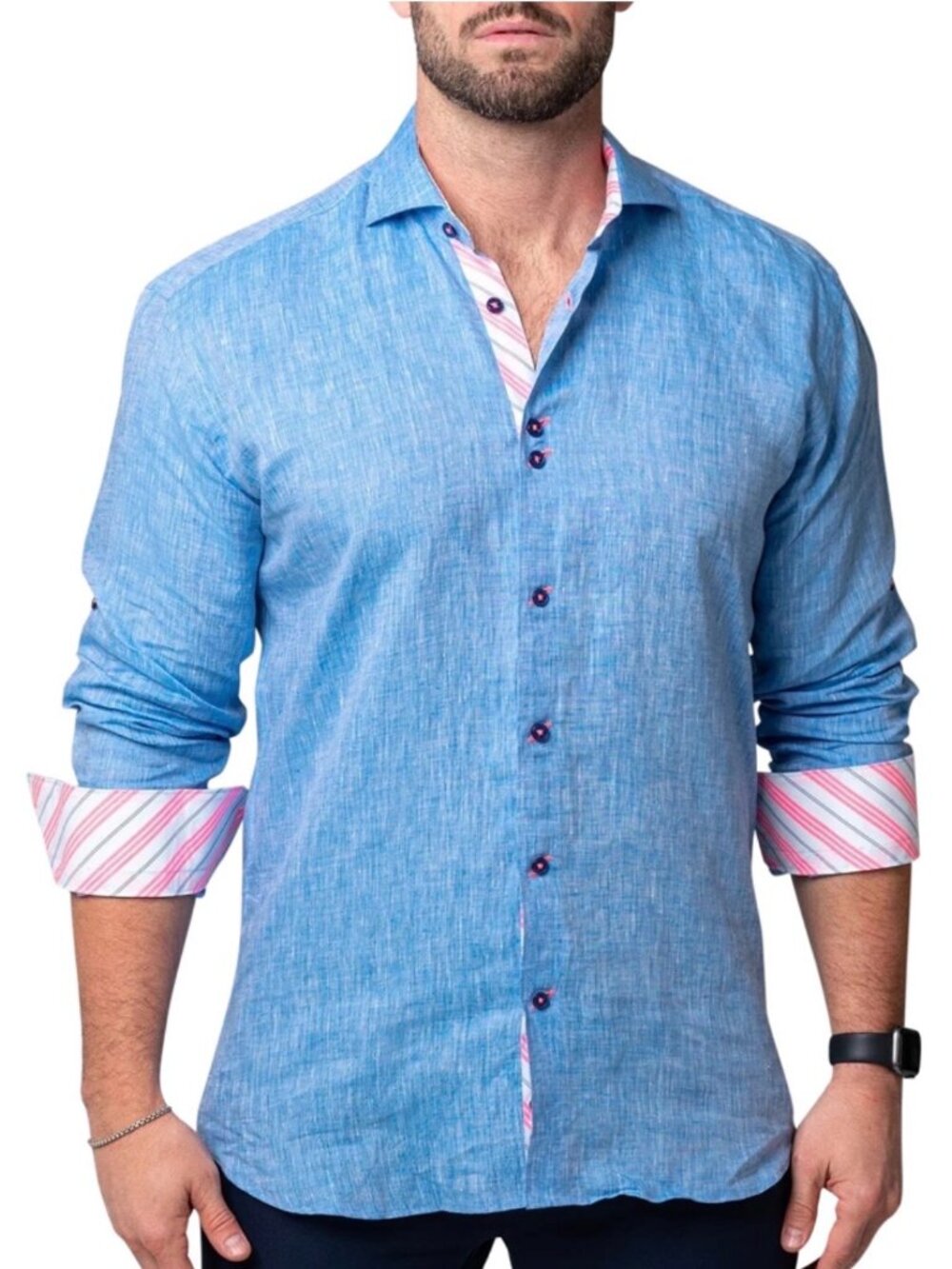 MACEOO Einstein Lenny Men’s Shirt Blue 100% Cotton Designer Pink Stripe Size M